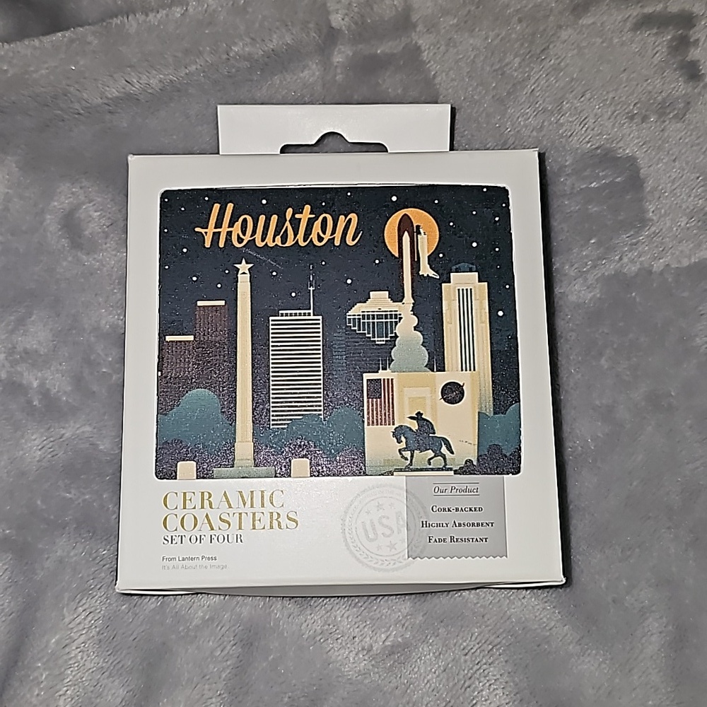 NIB - Lantern Press - Houston Texas Retro Skyline Graphic 4pc Coaster Set